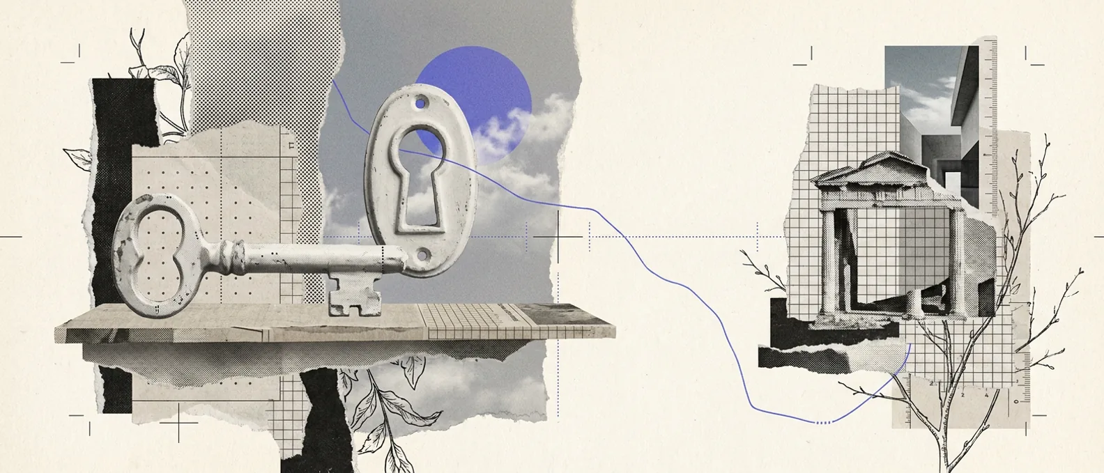 An old plaster key lying on a shelf beside an empty keyhole plate, a thin blue line leading from the keyhole to a small classical building drawn over a grid