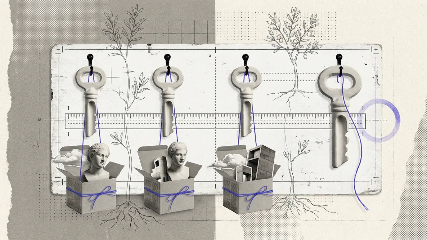 A row of plaster keys hanging from hooks on a white board, three tied with blue thread to small boxes below and the last hanging alone, a measuring rule drawn across the board