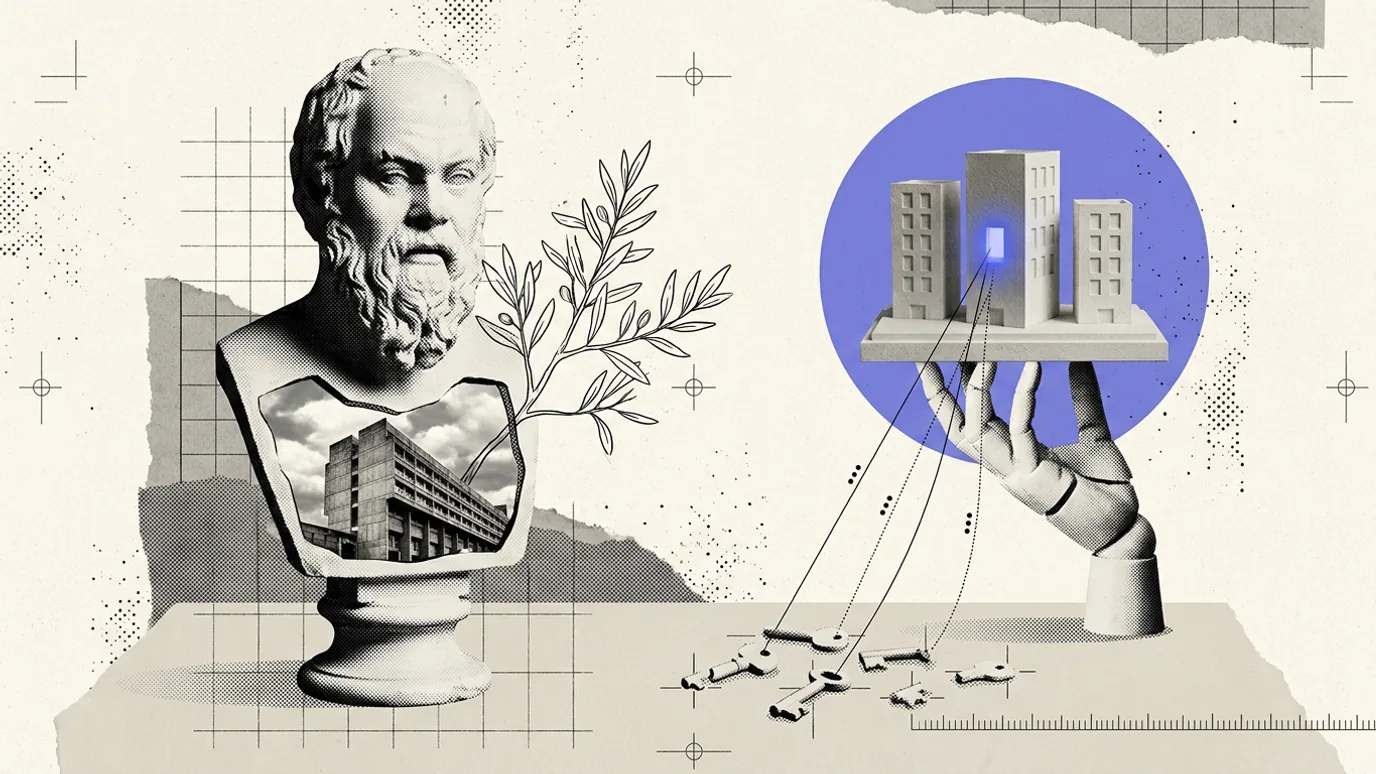 A plaster hand holding up a small building model in front of a blue disk, thin threads running from it down to a scatter of tiny keys, beside a bearded plaster bust