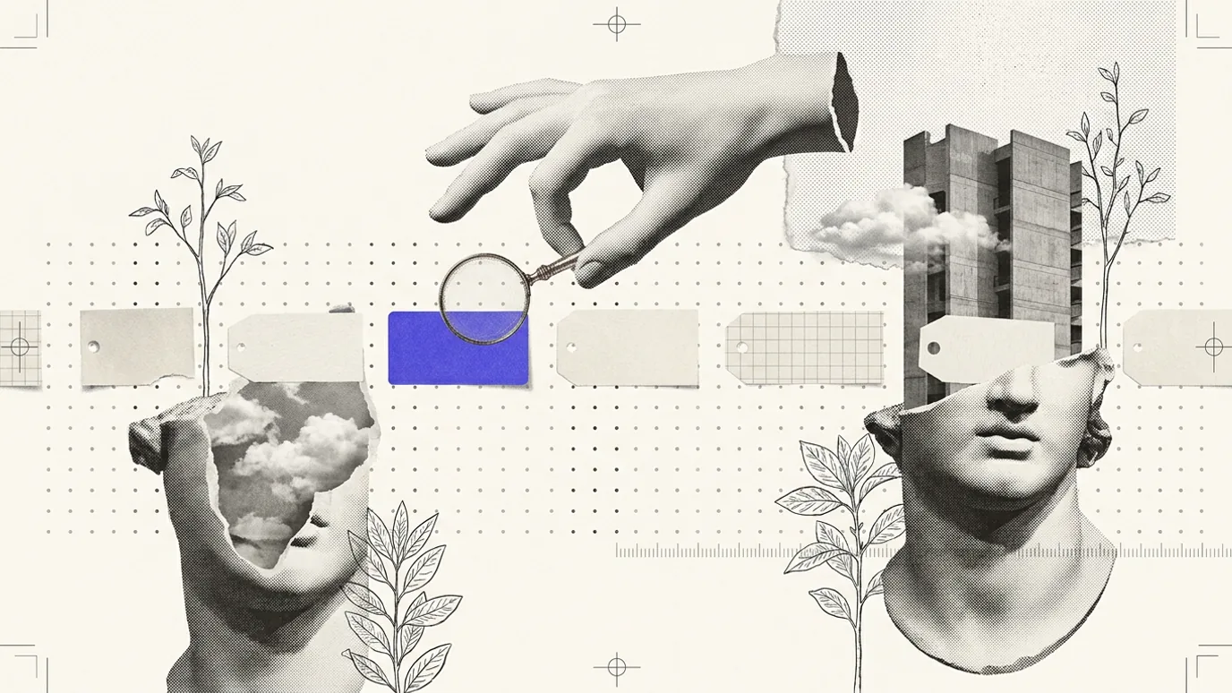 A row of blank paper labels and tags laid across a dotted grid, with a plaster hand holding a small magnifying glass over the one label that is solid blue, and two sliced plaster heads below
