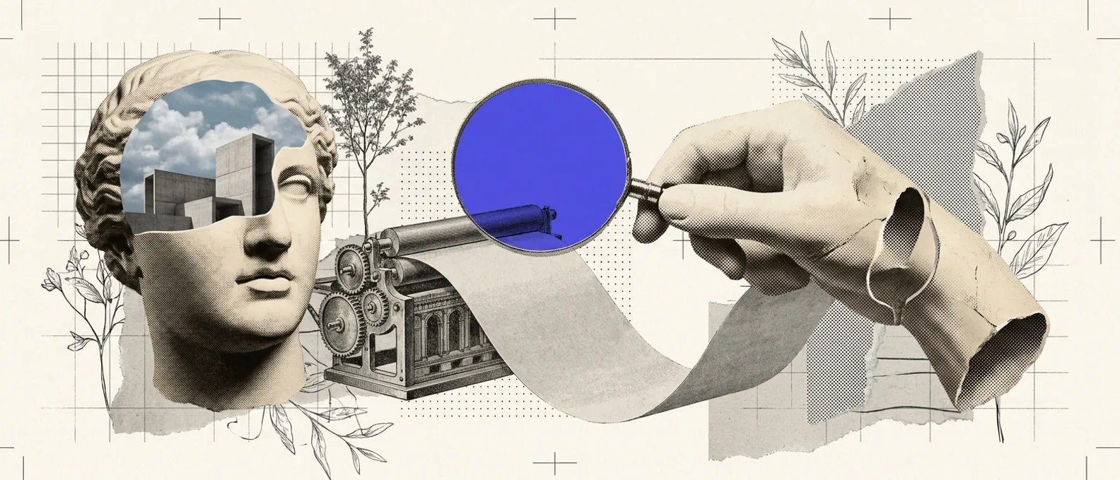 A sliced plaster head with buildings and clouds inside beside a small machine of gears and rollers feeding out a long strip of blank paper, while a plaster hand holds a magnifying glass with a solid blue lens over the machine