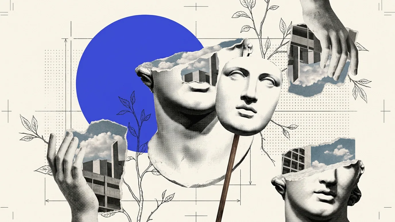 A blank white mask of a classical face held up on a thin stick in front of a plaster bust whose face is torn away to show buildings and sky, with a solid blue disk behind