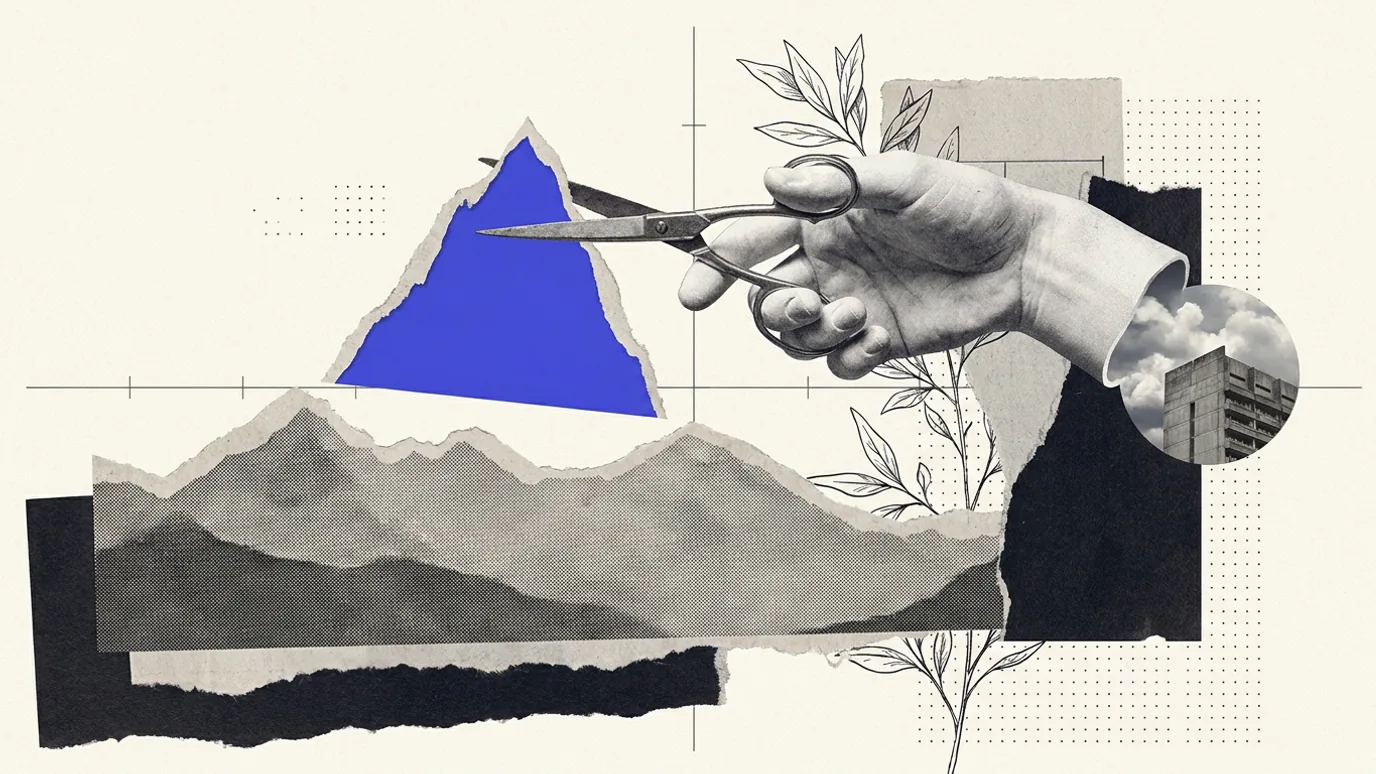 A plaster hand with scissors lifts a blue-violet peak off a range of torn-paper mountains, leaving the ridge below nearly level.