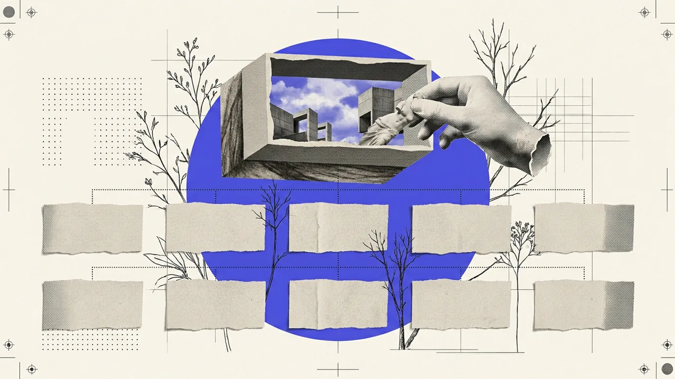 An org chart of torn paper boxes, all intact, their connecting lines redrawn as machine-precise dotted vectors, while a plaster hand withdraws from an empty box