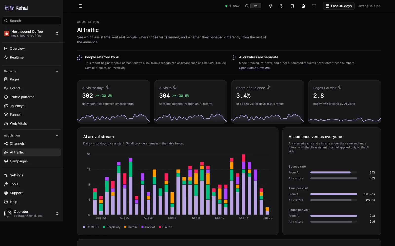 The Kehai AI traffic report on demo data: tiles for AI visitor days, AI visits, share of audience and pages per AI visit, a daily stacked bar chart by assistant, and a comparison of the AI audience with everyone