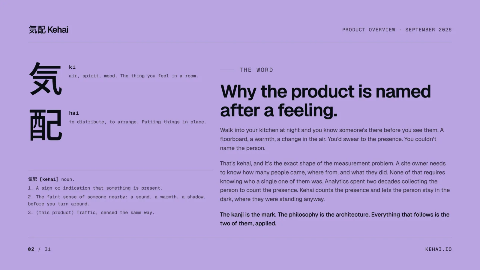 Deck page 2 on lavender: the kanji 気 and 配 with their meanings, and the story of why the product is named after a feeling