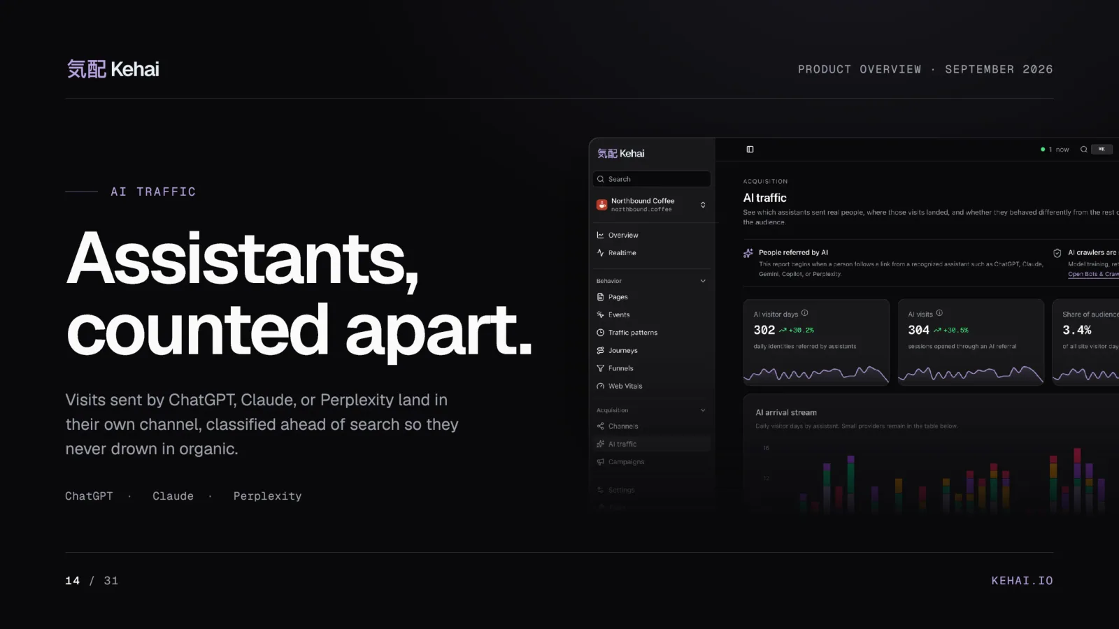 Deck page 14: Assistants, counted apart, beside a screenshot of the AI traffic report