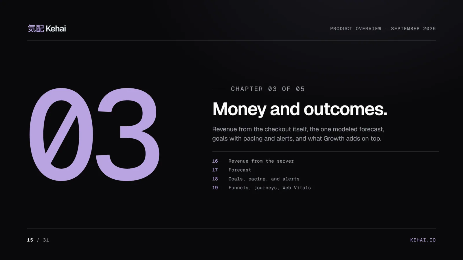 Deck page 15: a large purple 03 opening the chapter Money and outcomes