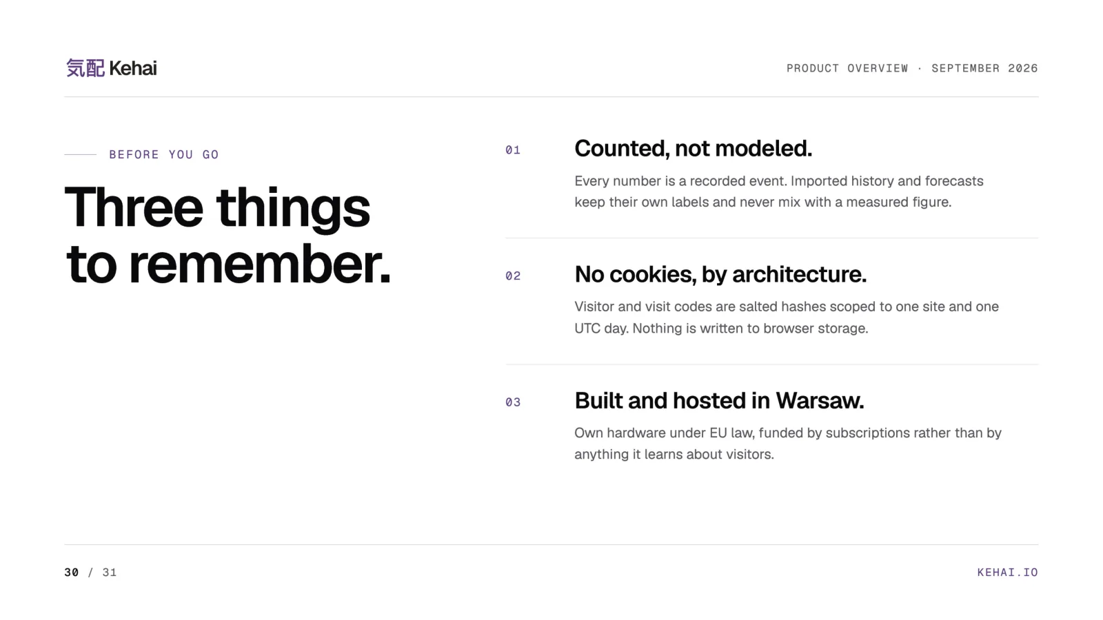 Deck page 30 on white: Three things to remember, counted not modeled, no cookies by architecture, built and hosted in Warsaw