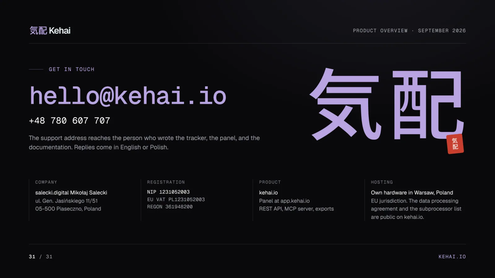 Deck page 31: the Kehai contact email address, phone number and company details beside the large kanji 気配 with a red stamp