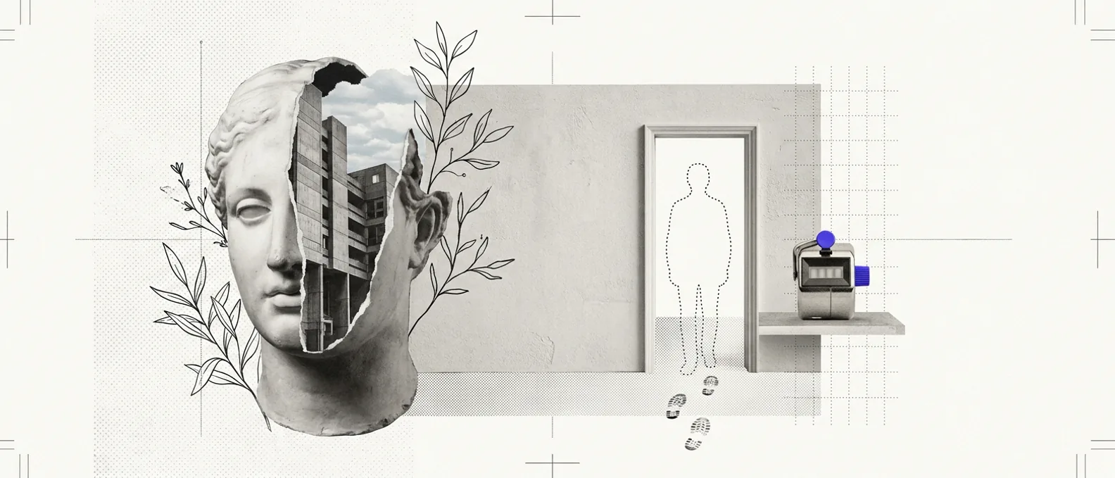 Editorial collage: a classical plaster head beside an open doorway in a plaster wall, where only a dotted outline of a person and three footprints show, and a tally counter with a blue-violet key waits on a ledge