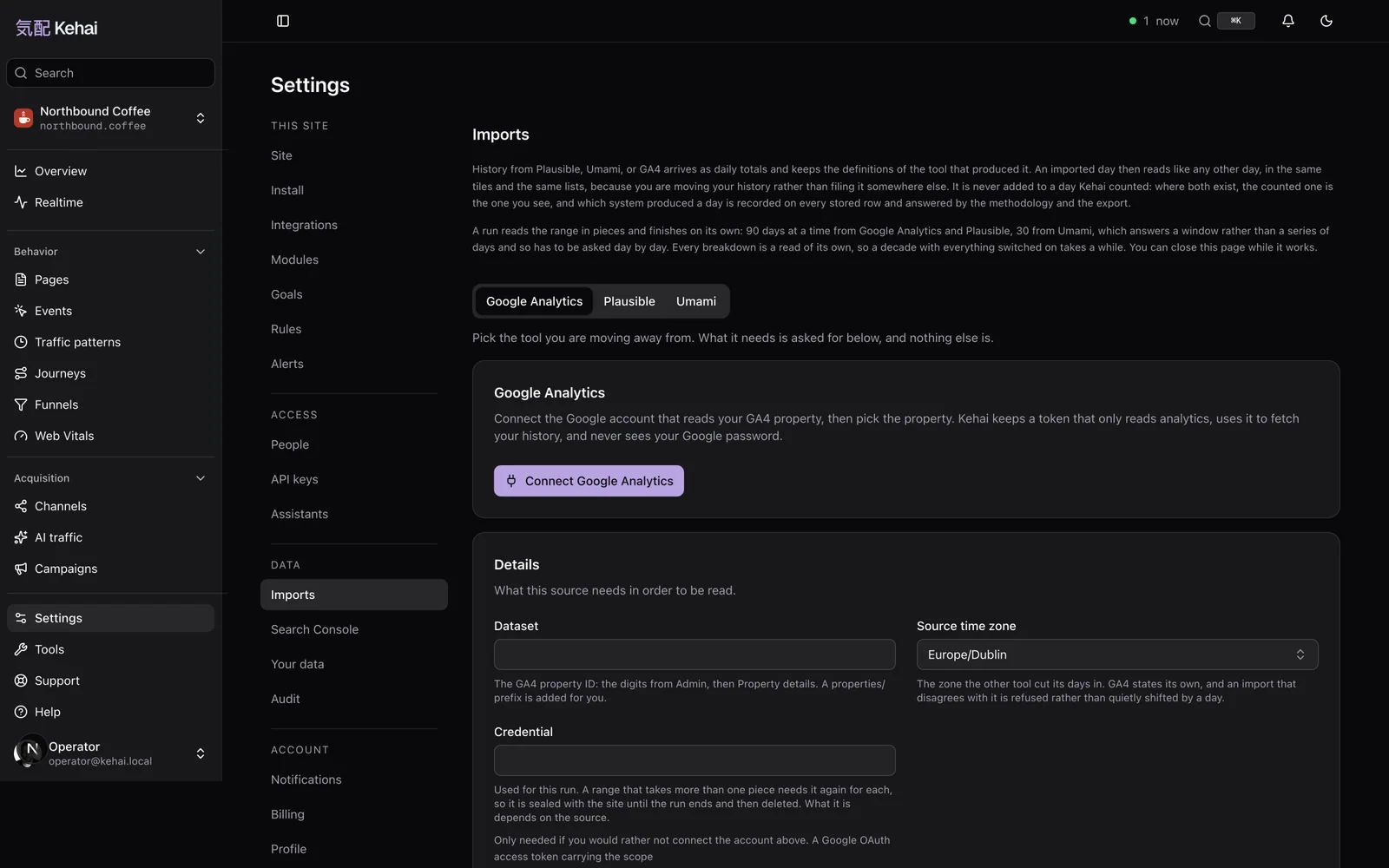 The Kehai Imports settings screen on demo data, with tabs for Google Analytics, Plausible and Umami, a Connect Google Analytics button, and fields for the dataset, the source time zone and the credential