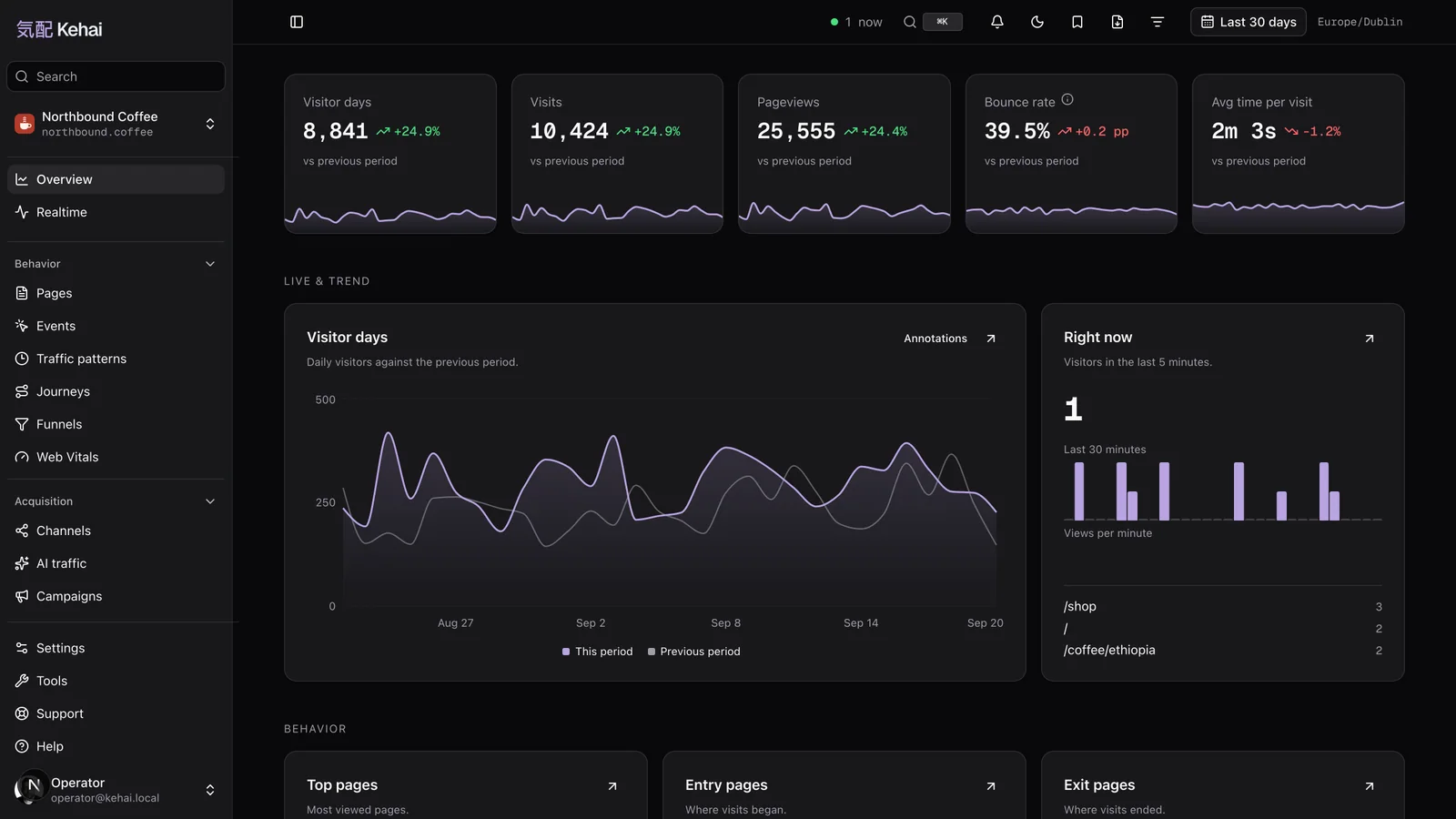The Kehai Overview report on demo data: five stat tiles with sparklines for visitor days, visits, pageviews, bounce rate and time per visit, a visitor days chart against the previous period, and a Right now box