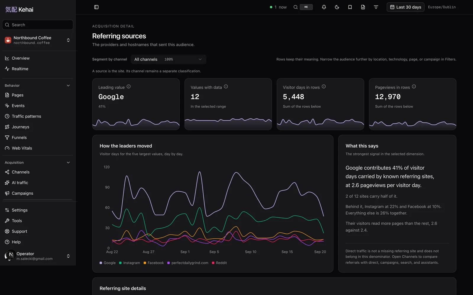 The Kehai Referring sources report on demo data: tiles for the leading value Google at 41%, values with data, visitor days and pageviews in rows, a line chart of how the five leading referrers moved day by day, and a written summary of what the numbers say