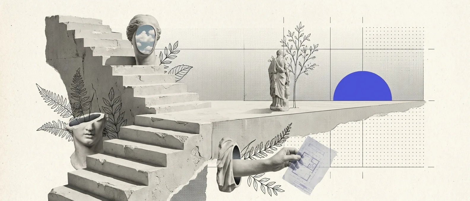 A staircase of plaster blocks whose steps grow shorter and shallower as they rise until they flatten into a plain, a small classical figure standing at the flat end, hairline coordinate marks behind and a brand-blue disk low on the horizon