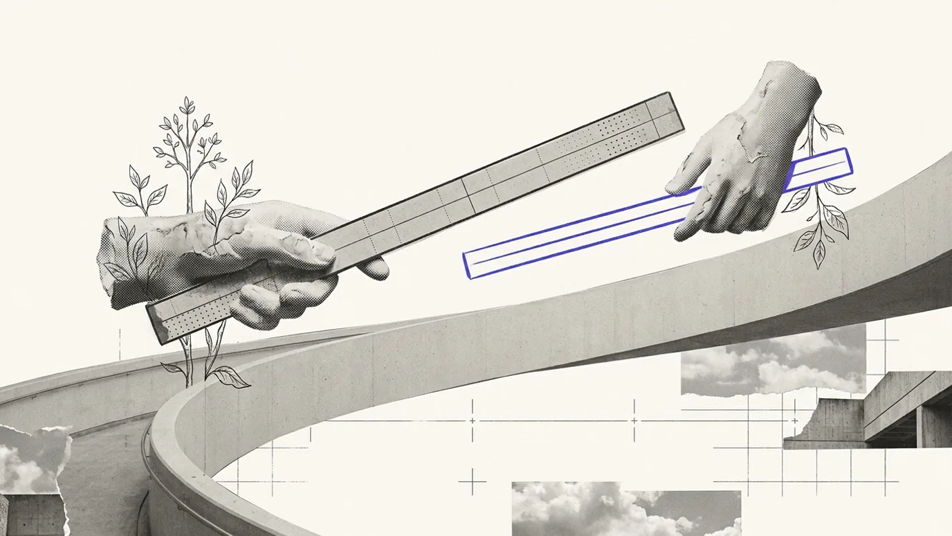 Two plaster hands holding measuring rods of visibly different lengths against the same shallow curved ramp, the shorter rod outlined in brand blue, hairline coordinate marks running beneath the ramp