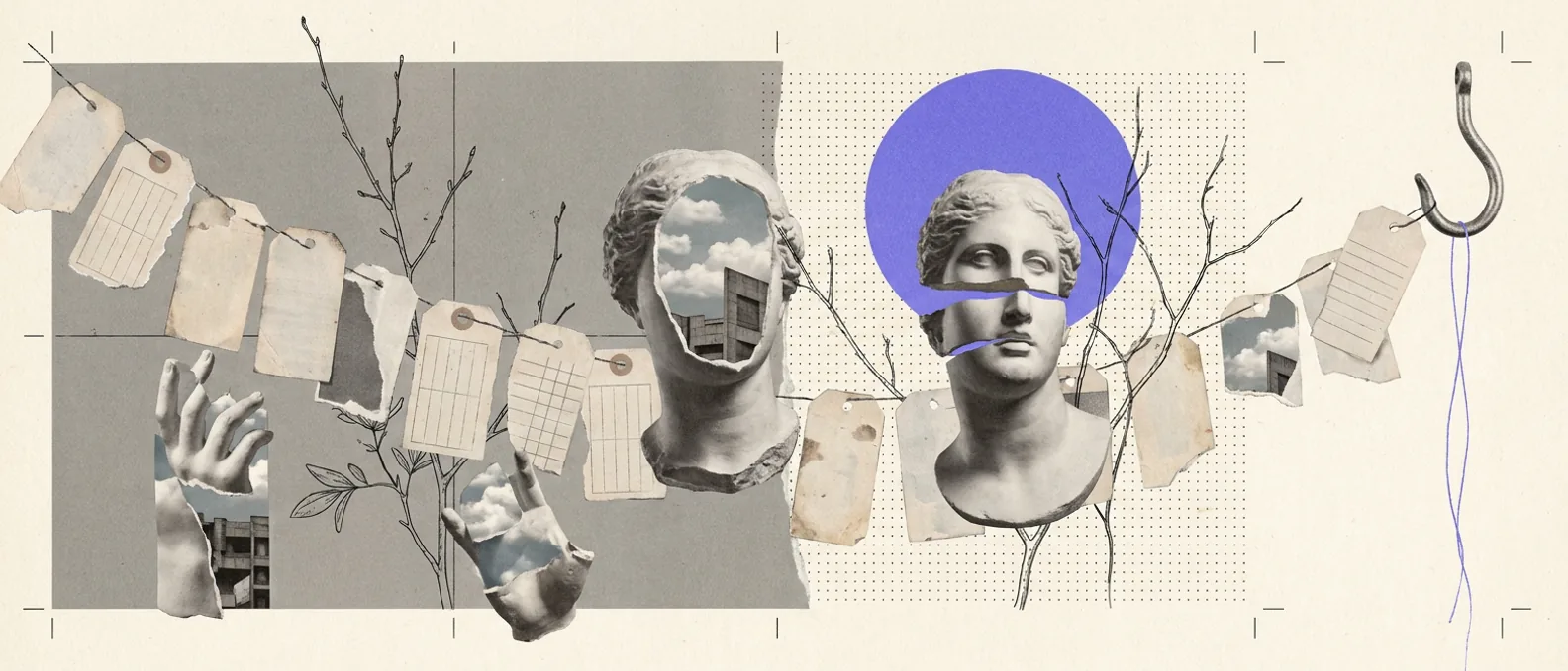 A long chain of blank hanging tags running across a wall among plaster busts and hands, ending at a single empty hook with a blue-violet thread