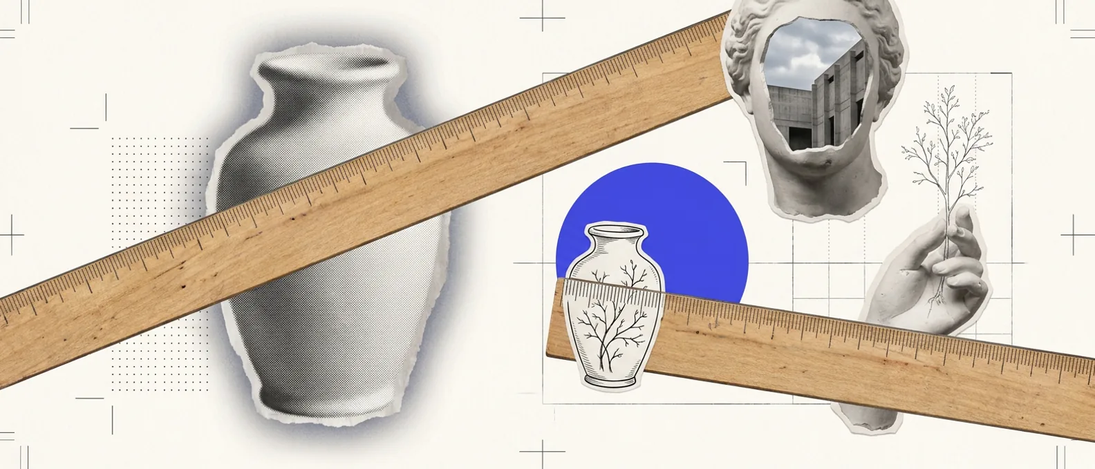 Two wooden rulers cross the image. One lies over a large blurred vase, and the other over a small, sharply drawn vase set on a blue-violet disk.