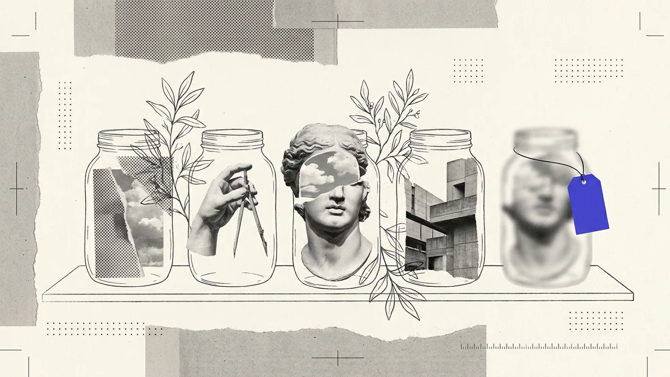 Five glass jars on a shelf, each holding a plaster fragment. Four are in sharp focus, and the fifth is blurred and carries a blue-violet tag.