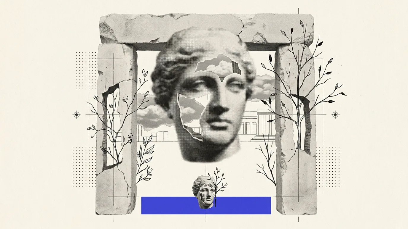 A stone gateway with a large classical head passing through it. A tiny head sits below, stopped in front of a blue-violet bar.