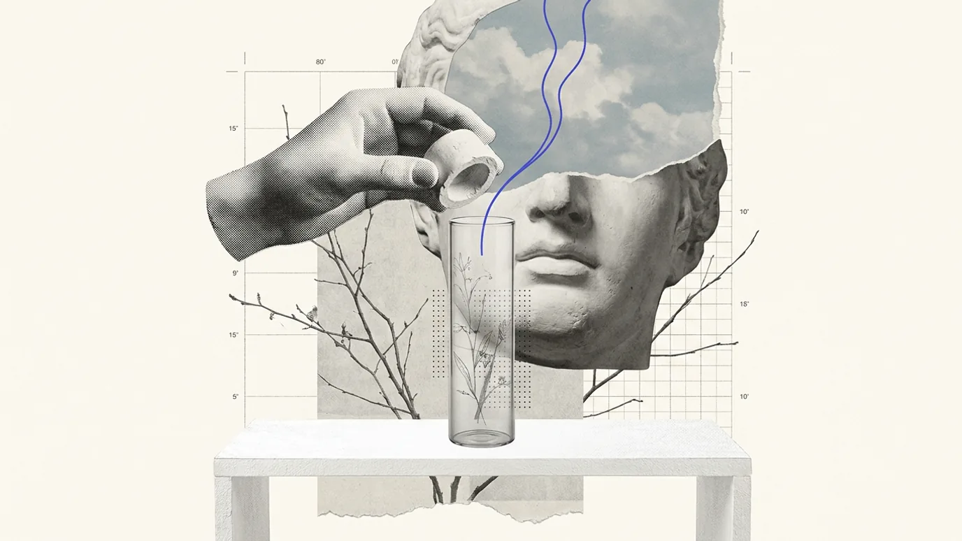 A plaster hand lifting a small cap off a tall glass cylinder on a white bench, a thin blue line rising out of the open top, a large plaster face behind
