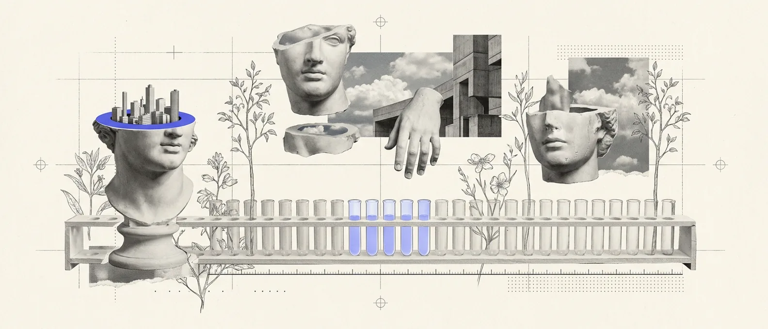 A long rack of small test tubes on a white bench, a few in the middle filled with pale blue, beneath floating fragments of classical plaster heads