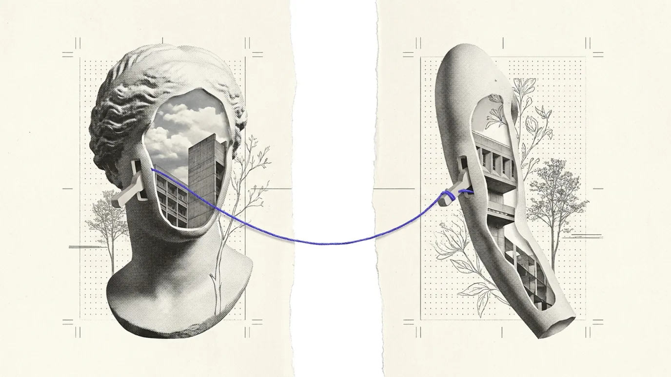 Two plaster faces facing each other across a white gap, a thin blue thread running from one to the other