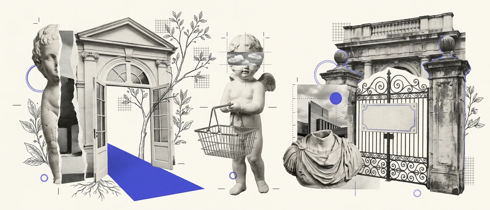A small plaster cherub holding an empty shopping basket between an open doorway with a blue carpet and a closed ornamental gate with a blank sign plate