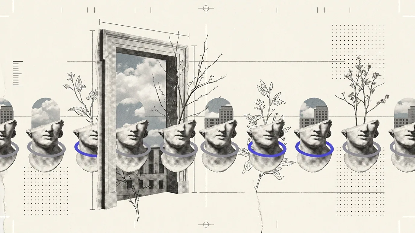 A line of small plaster busts passing a tall open doorway, only a few of them wearing a blue-violet ring around the neck