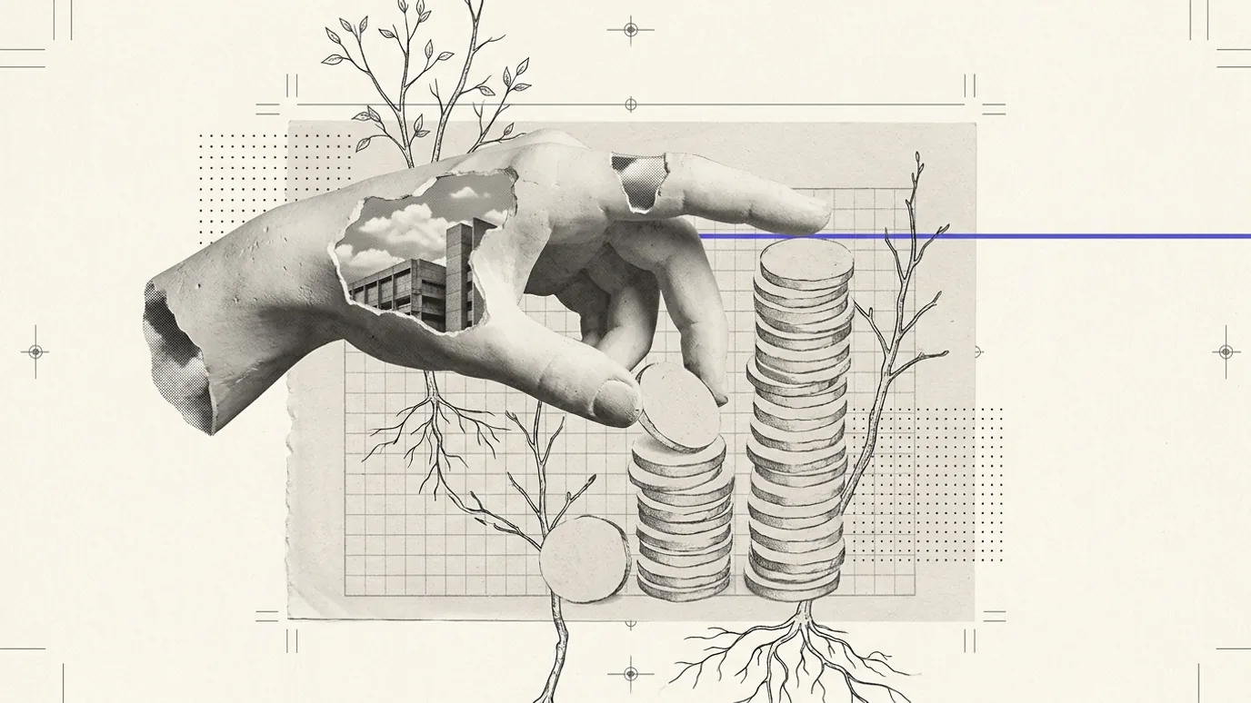 A plaster hand stacking blank coins into a column on a ruled grid, the column reaching for a thin horizontal blue-violet line