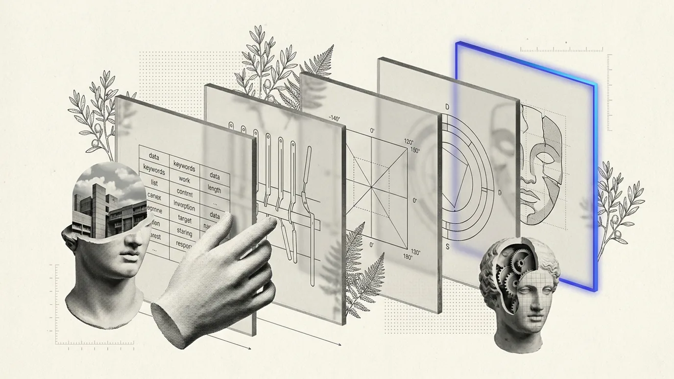 Five translucent panels stacked in receding depth, each etched with a different control motif: a keyword grid, thin levers, a placement matrix, a demographic dial, an audience mask, a plaster hand sliding one into place, one blue edge glowing