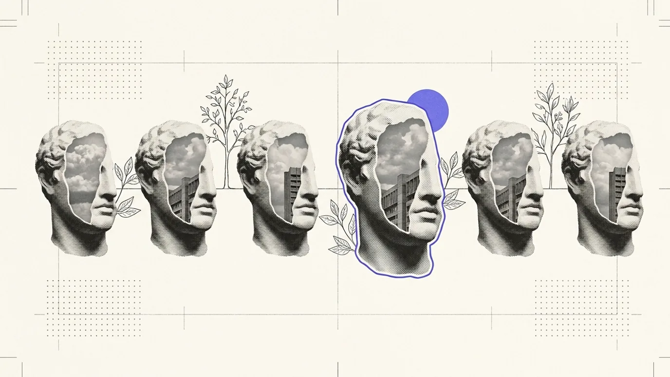 A row of identical plaster fragments on a fine registration grid, one of them subtly larger and misaligned from the rest and outlined in brand blue, with faint botanical line drawings threading between them