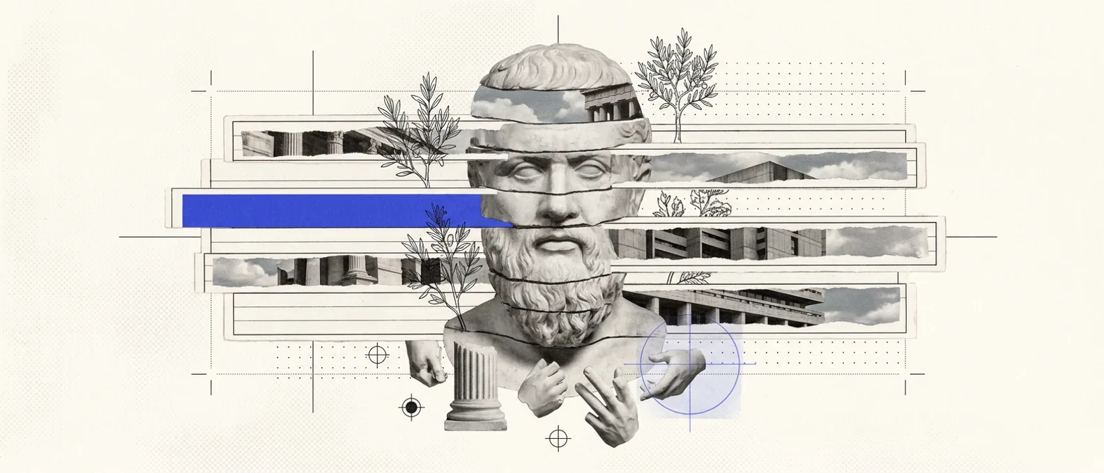 A classical plaster bust sliced into horizontal layers that have slid apart like index cards, each layer edged with a hairline rule, one card rendered as a solid brand-blue field against bone-white paper