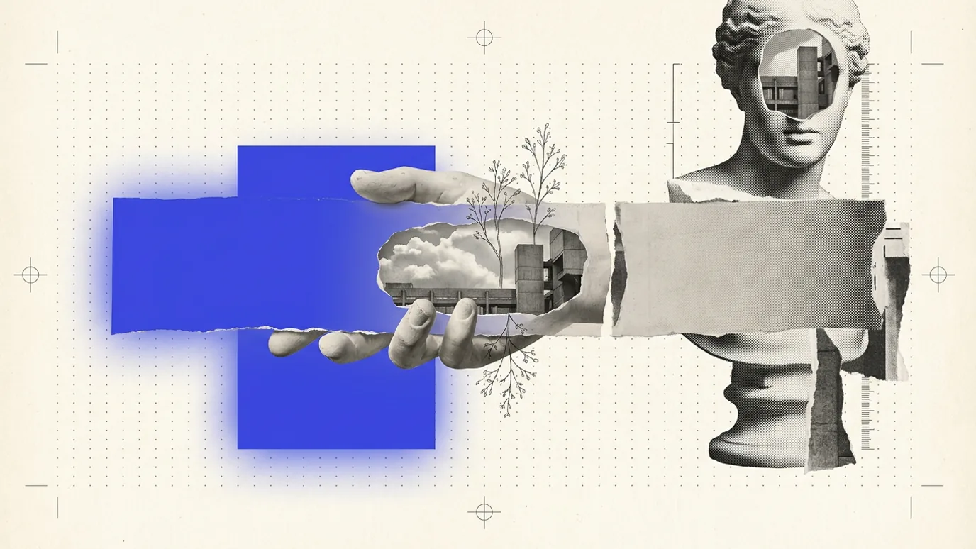 A long paper strip running horizontally with its left portion lit by a solid brand-blue rectangle and the rest fading into gray, a plaster hand holding the lit end against a dotted measurement grid