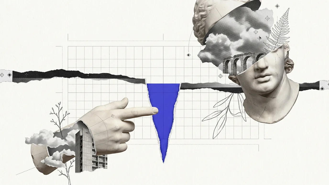 A torn paper line runs across a grid, drops into a deep blue-violet notch, and returns to its earlier level. A plaster hand points at the notch.