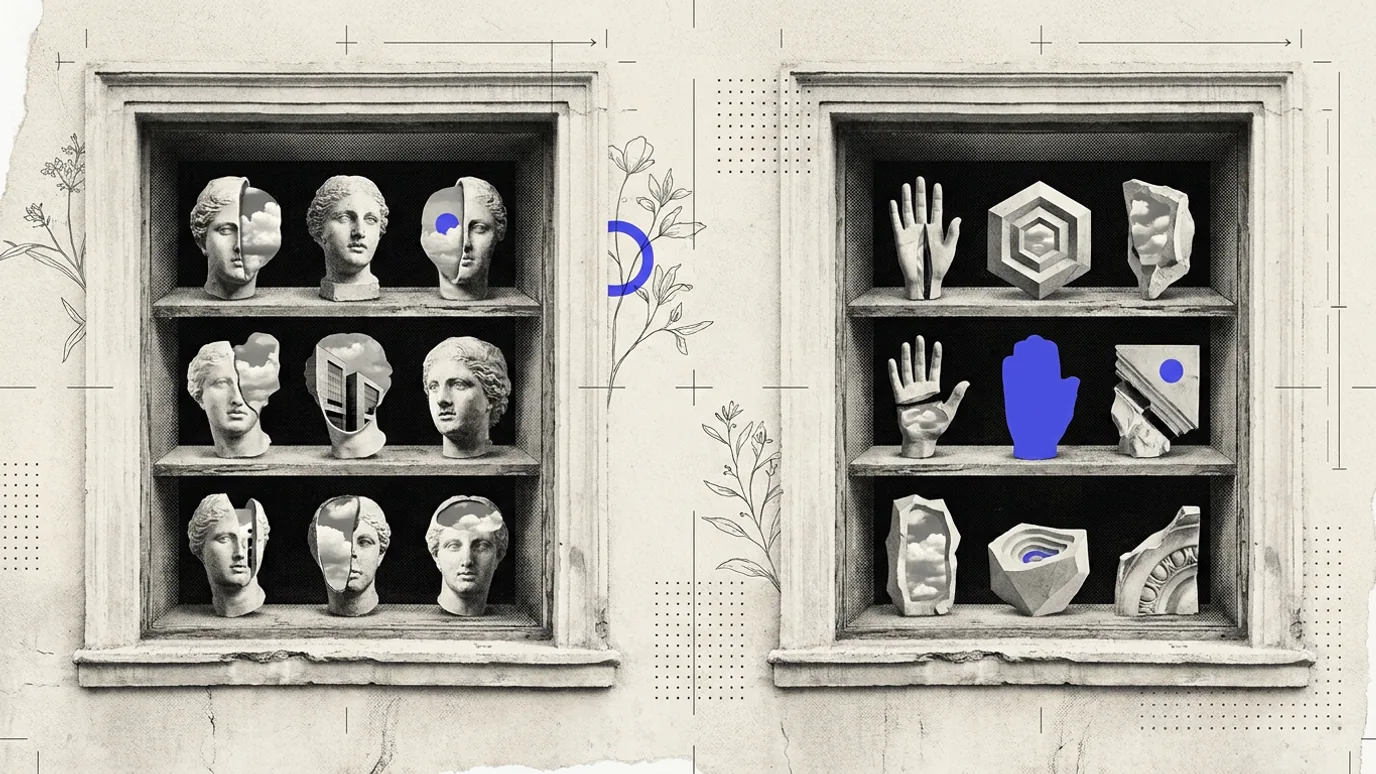 Two window frames in a plaster wall. The left holds nine small plaster heads on three shelves, and the right holds nine unrelated objects on the same shelves, one of them a blue-violet hand.