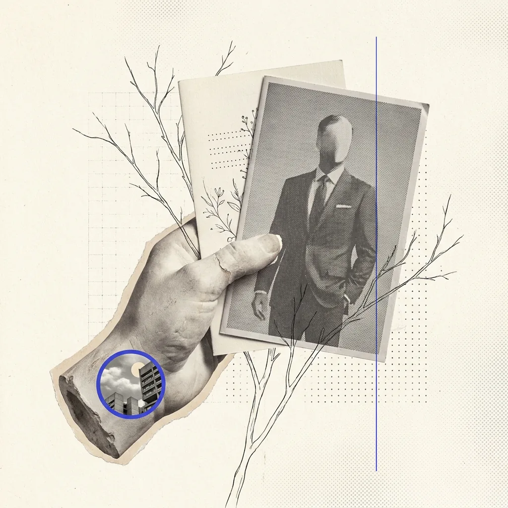 A plaster hand holding a glossy printed brochure whose headline figure is large and confident, while a second, plainer document behind it carries a smaller number set in a dense column of type, joined by a thin blue rule