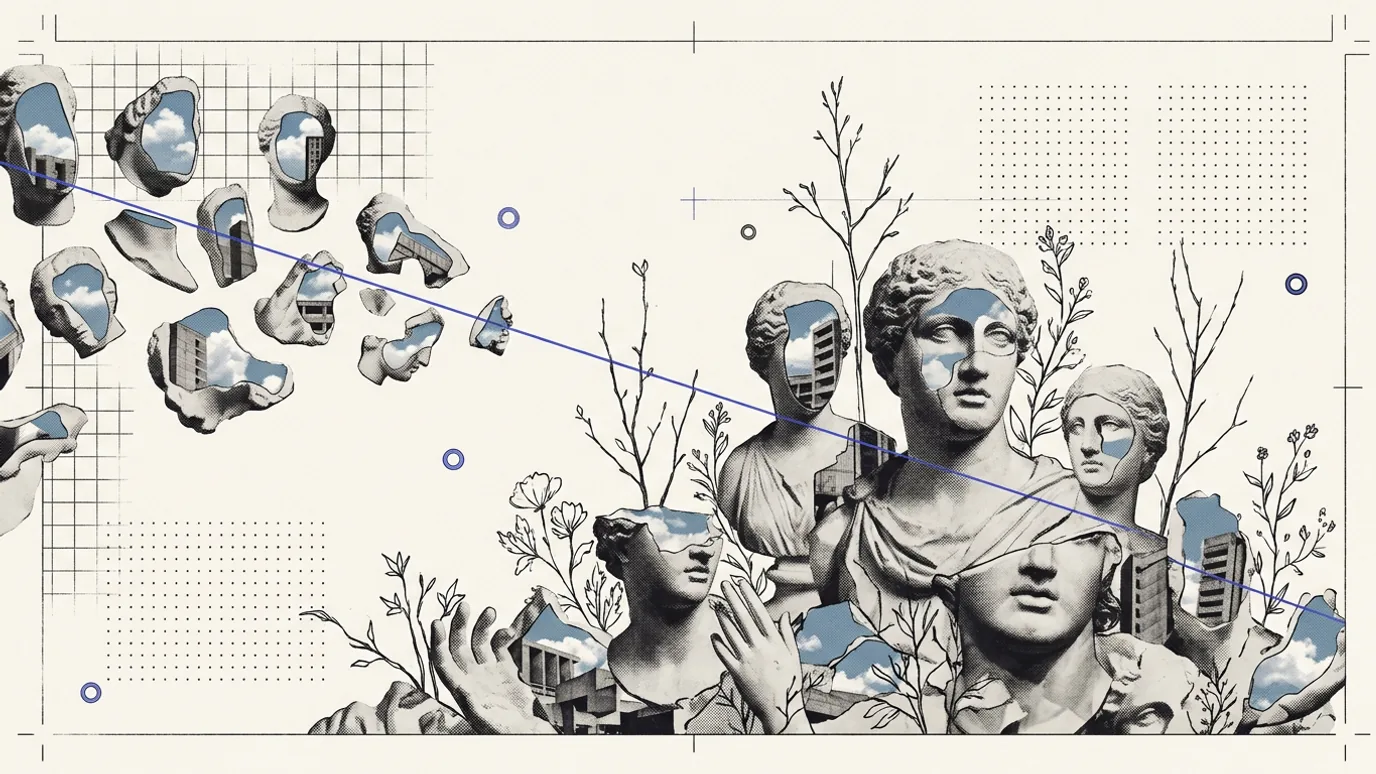 Two plaster crowds of equal height, the nearer one densely packed and rooted to a base, the farther one loosely drifting in from the edge of the frame, with a thin blue line about to be drawn across both