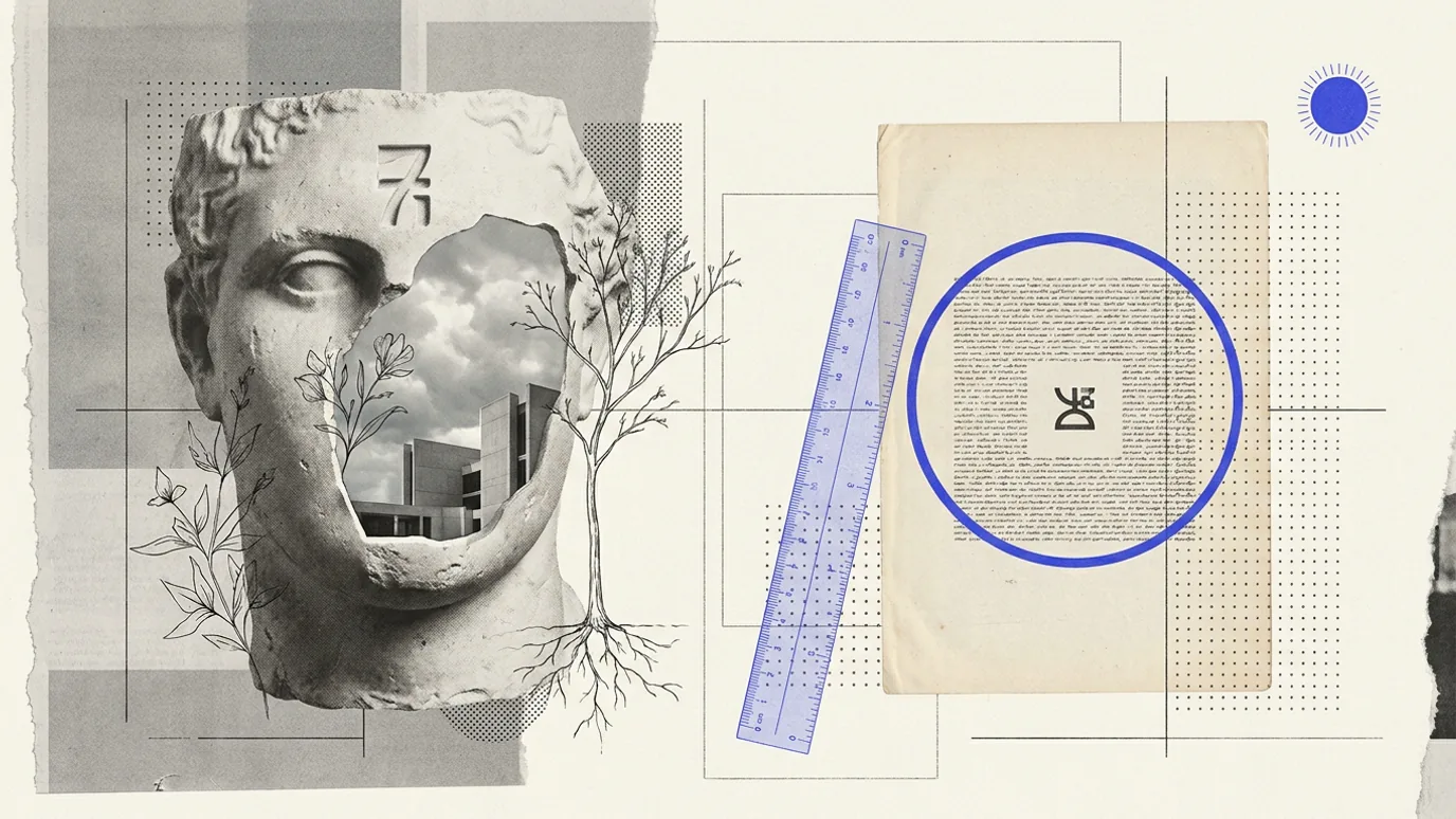 A thick plaster slab with a single large number carved into its face, standing beside a thin paper sheet where a smaller number is printed inside a dense block of footnote type, a blue measuring rule laid between them