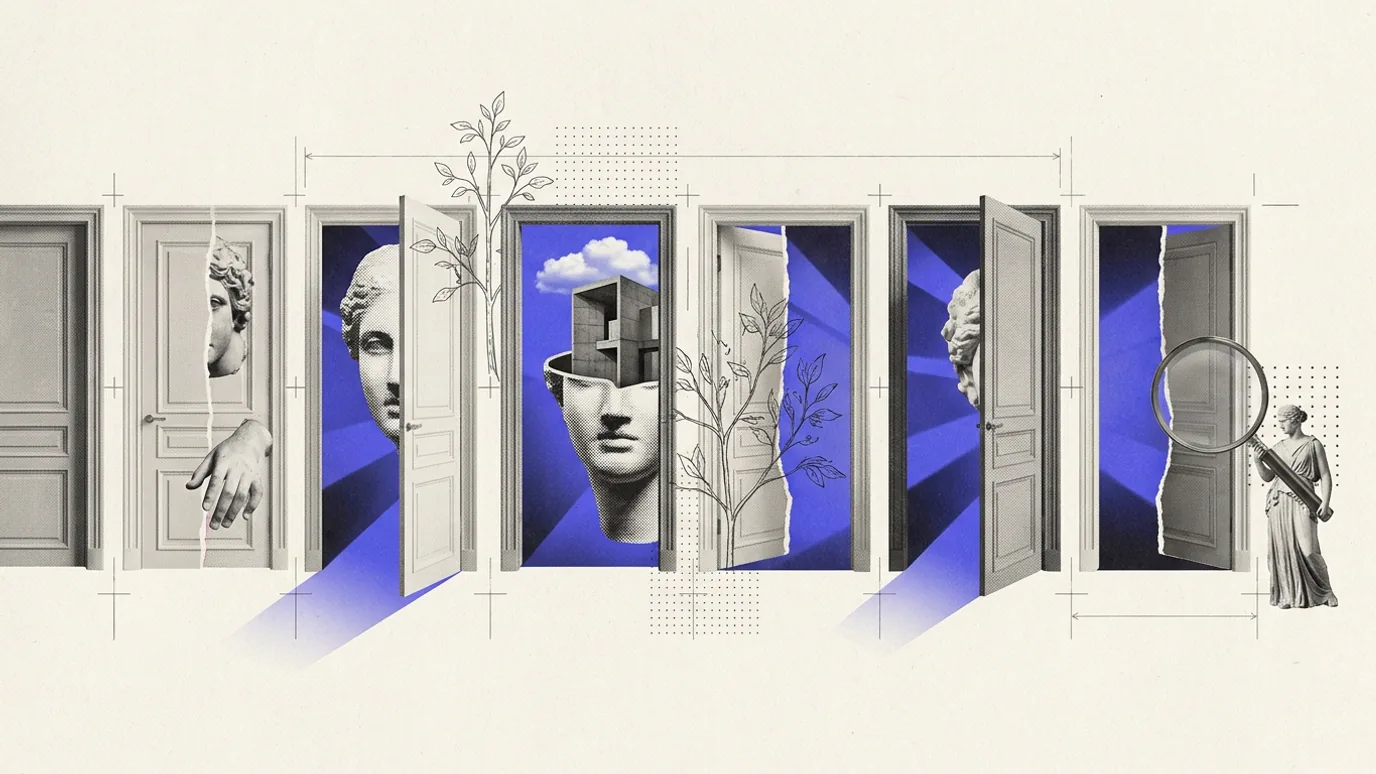 A row of plaster doors seen straight on, some shut and others ajar with blue-violet light behind them, and a small plaster figure at the end of the row holding a magnifying glass