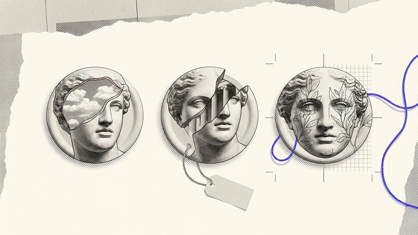 Three round plaster medallions in a row on a pale wall, the first with no thread, the second with a short gray thread ending in a blank paper tag, and the third with a blue-violet thread running off the edge