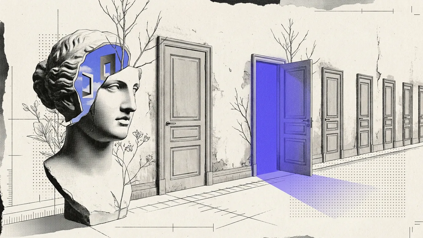 A row of closed doors along a plaster wall, with one door standing open and blue-violet light spilling from it. A classical bust stands in the foreground.