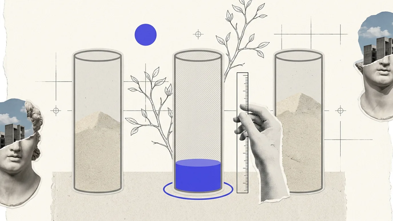 Three glass cylinders in a row. The outer two hold pale sand, the middle one holds a shallow layer of blue-violet liquid, and a plaster hand holds a ruler beside it.
