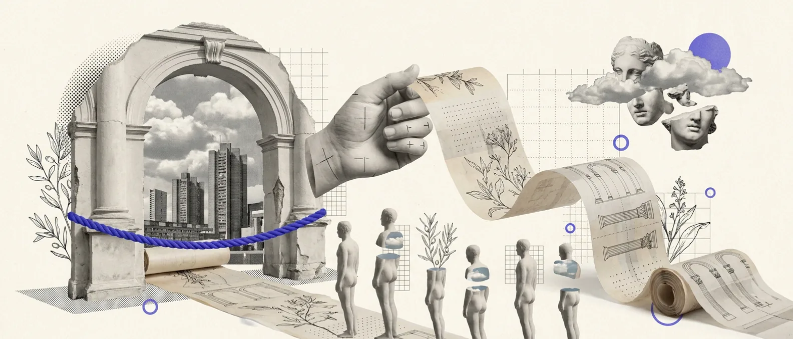 A classical plaster archway barred by a blue rope, with tower blocks and clouds visible through it, small plaster figures queuing beside it, and a large plaster hand unrolling a long paper scroll across the scene