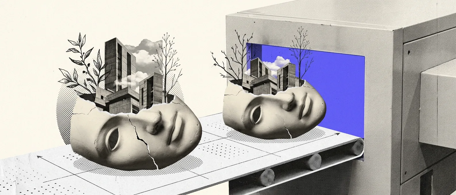 Two plaster faces lying on a conveyor belt, one of them cracked, carried toward a blue-lit opening in a large machine