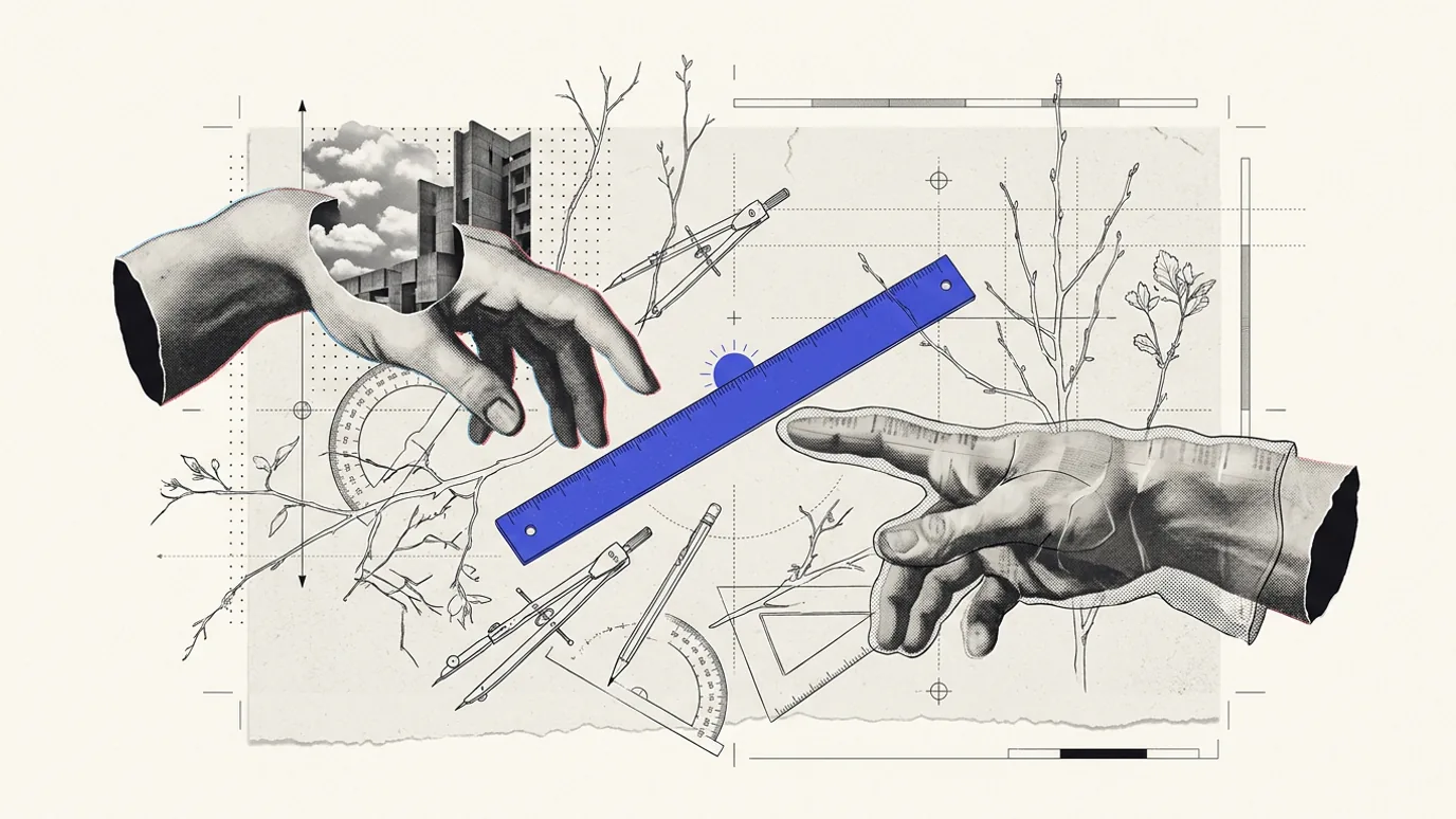Two plaster hands reaching for the same set of drafting instruments on a white table, one wearing a dark cuff, a blue ruler laid between them