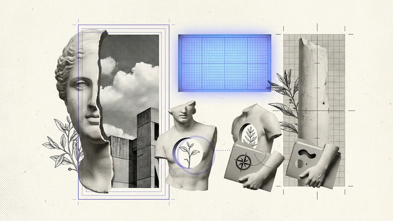 A classical bust, a doorframe, and plaster torso fragments gathered beneath a glowing blue panel, one fragment holding a small badge