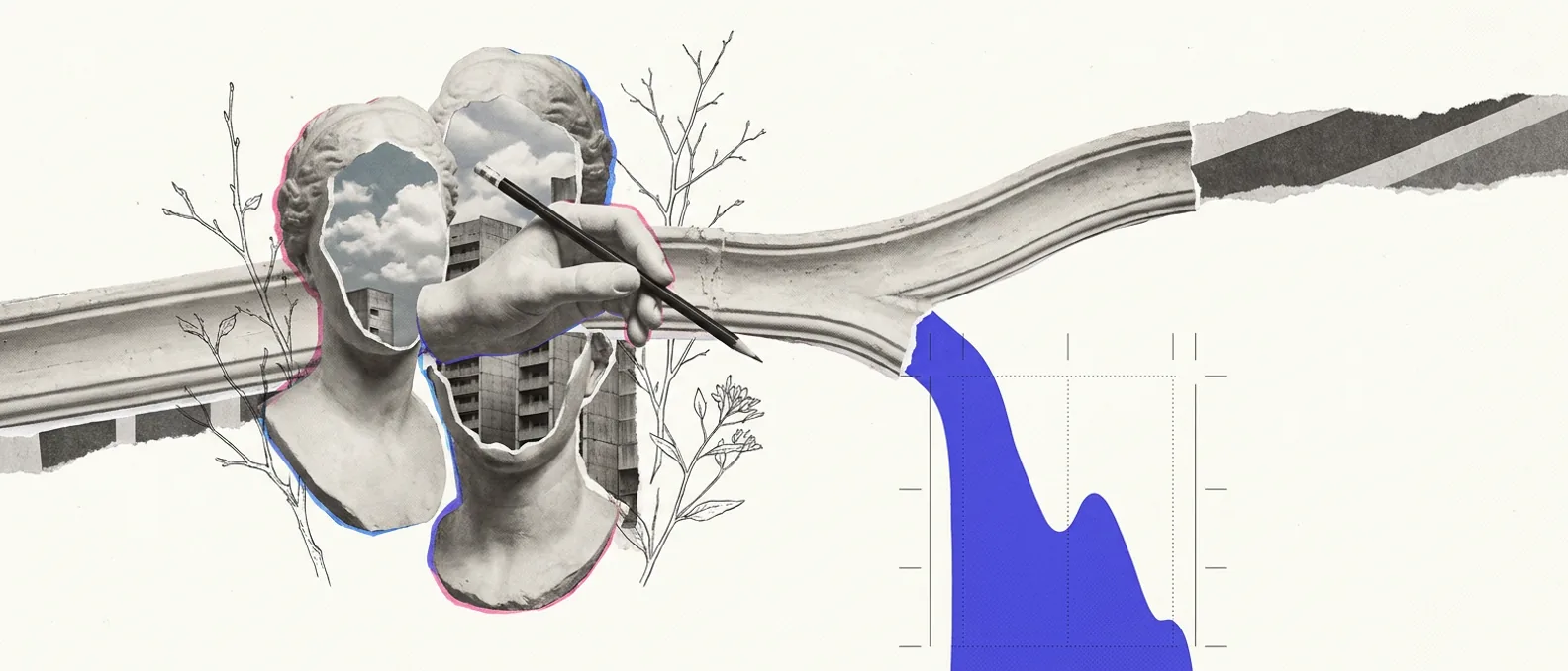 Two plaster heads and a plaster hand holding a pencil at a fork in a long plaster molding, one branch running on in gray and the other dropping as a blue-violet shape inside a ruled frame
