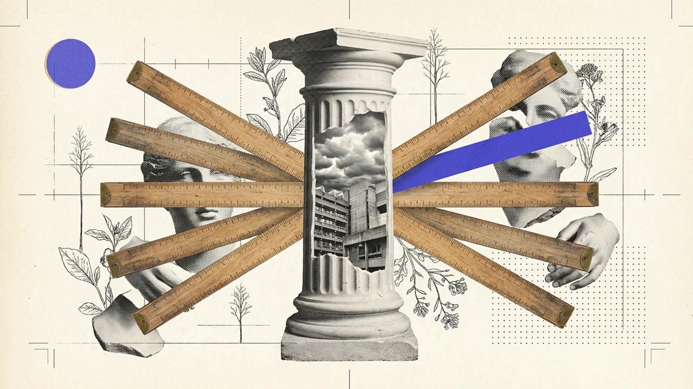 Several wooden measuring rules fanned out across a single plaster column, their tick marks not lining up, with one rule in blue-violet