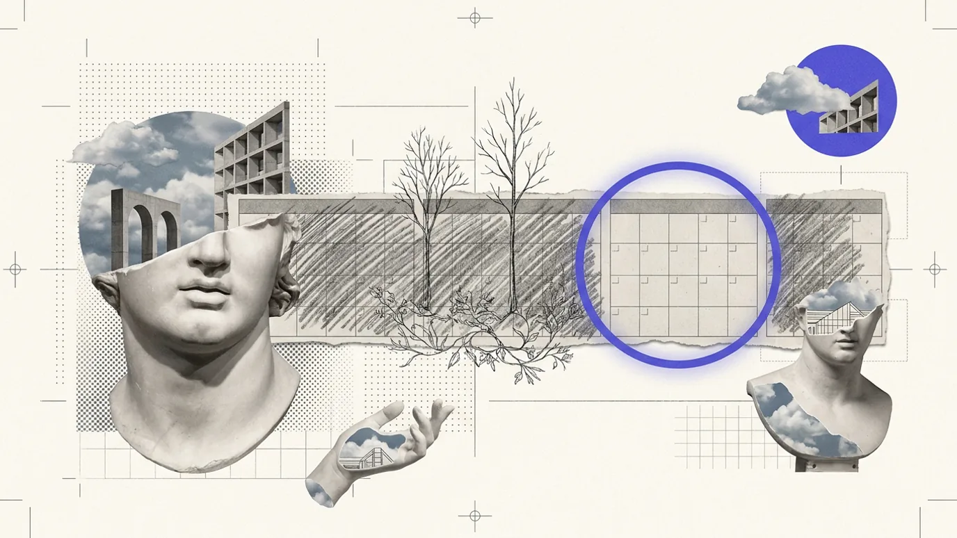 A long paper strip struck through with gray hatching, one short stretch of blank calendar squares circled in blue-violet, beside a large plaster head